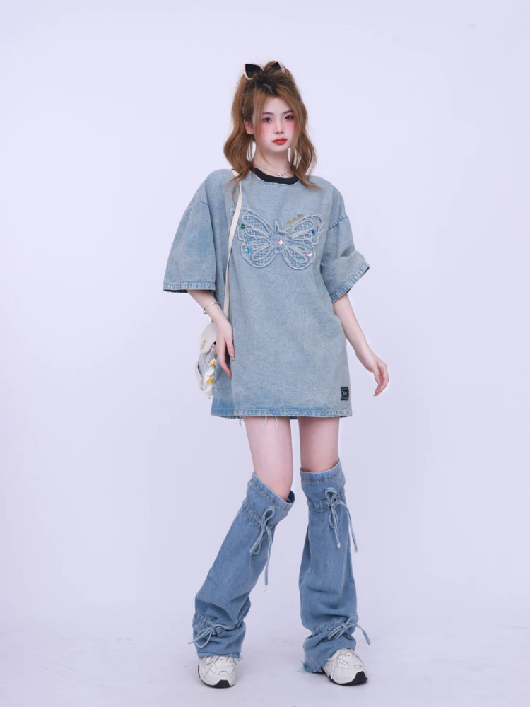 Модные Винтажные футболки с вышивкой бабочкой в стиле пэчворк, джинсовые топы с круглым вырезом и коротким рукавом, футболки, Летняя Повседневная Свободная Женская одежда Изображение 0
