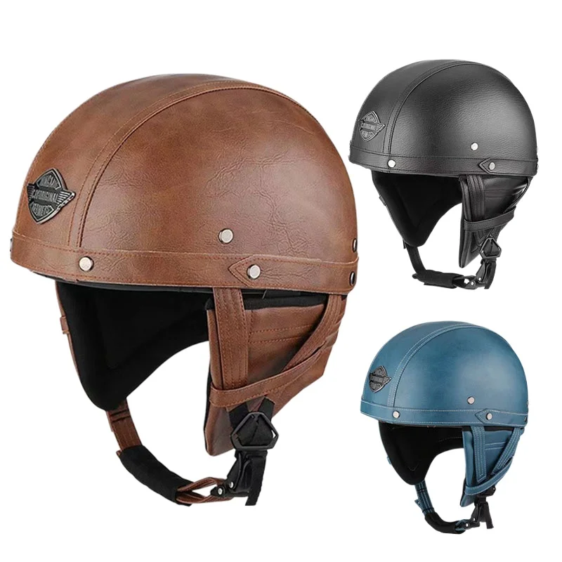 Мотоциклетные шлемы в стиле ретро с полупрозрачными очками 56-60 см, защита унисекс, черный матовый шлем для мотокросса, для гонщиков Изображение 0