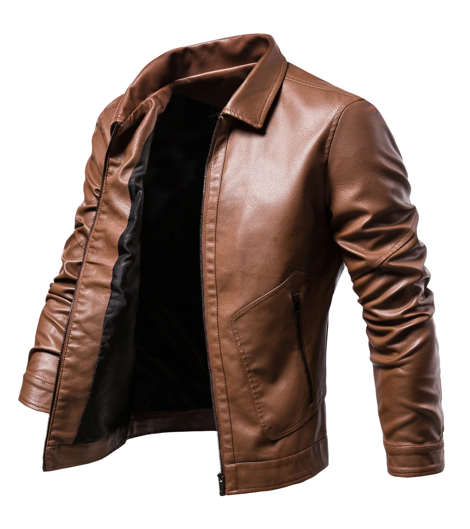 Мужская модная брендовая молодежная куртка из искусственной кожи с лацканами, флисовая кожаная куртка Изображение 1