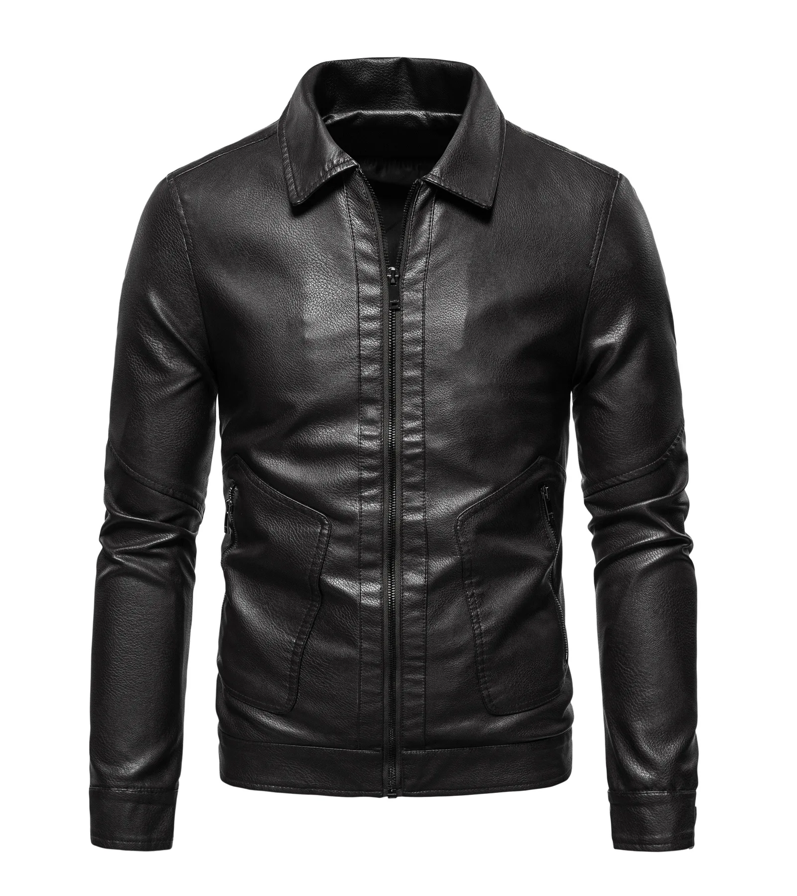 Мужская модная брендовая молодежная куртка из искусственной кожи с лацканами, флисовая кожаная куртка Изображение 3