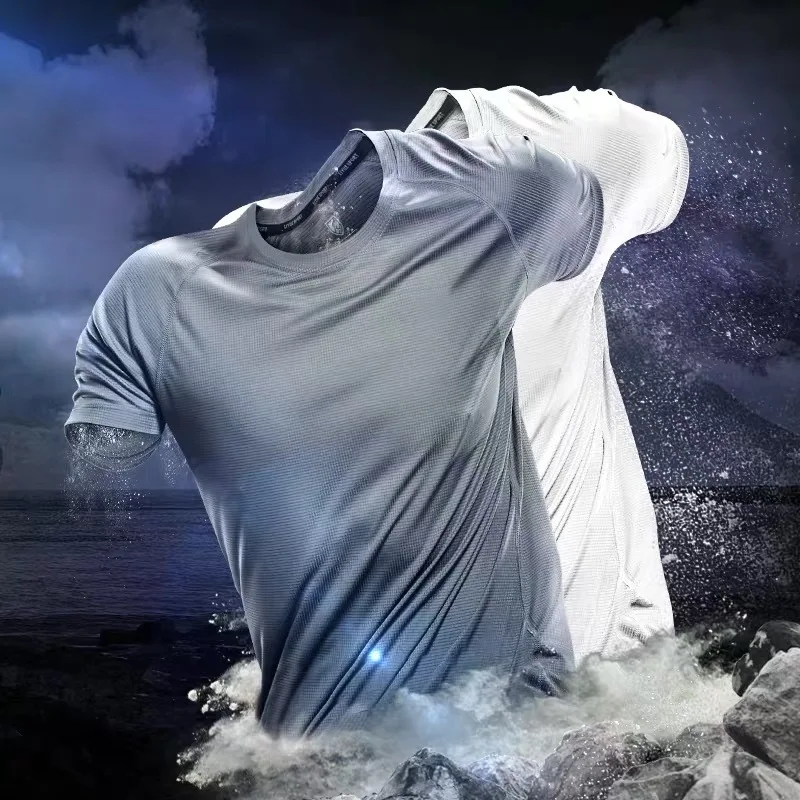 Мужская футболка с сеткой из ледяного шелка, летние эластичные футболки с коротким рукавом, быстросохнущая дышащая мужская спортивная футболка Изображение 0