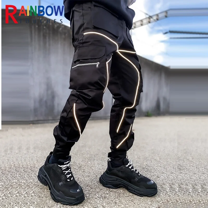 Мужские спортивные брюки для активного отдыха, новые ветрозащитные повседневные спортивные брюки-карго в светоотражающую полоску с несколькими карманами, превосходное качество Изображение 0