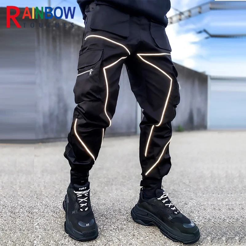 Мужские спортивные брюки для активного отдыха, новые ветрозащитные повседневные спортивные брюки-карго в светоотражающую полоску с несколькими карманами, превосходное качество Изображение 2