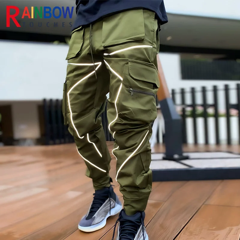 Мужские спортивные брюки для активного отдыха, новые ветрозащитные повседневные спортивные брюки-карго в светоотражающую полоску с несколькими карманами, превосходное качество Изображение 4