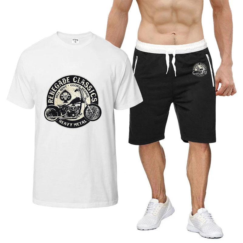 Мужской комплект с коротким рукавом, Летние винтажные футболки с принтом Glory Bounds Motorcycle USA, Шорты, костюм из 2 предметов спортивной одежды Изображение 0