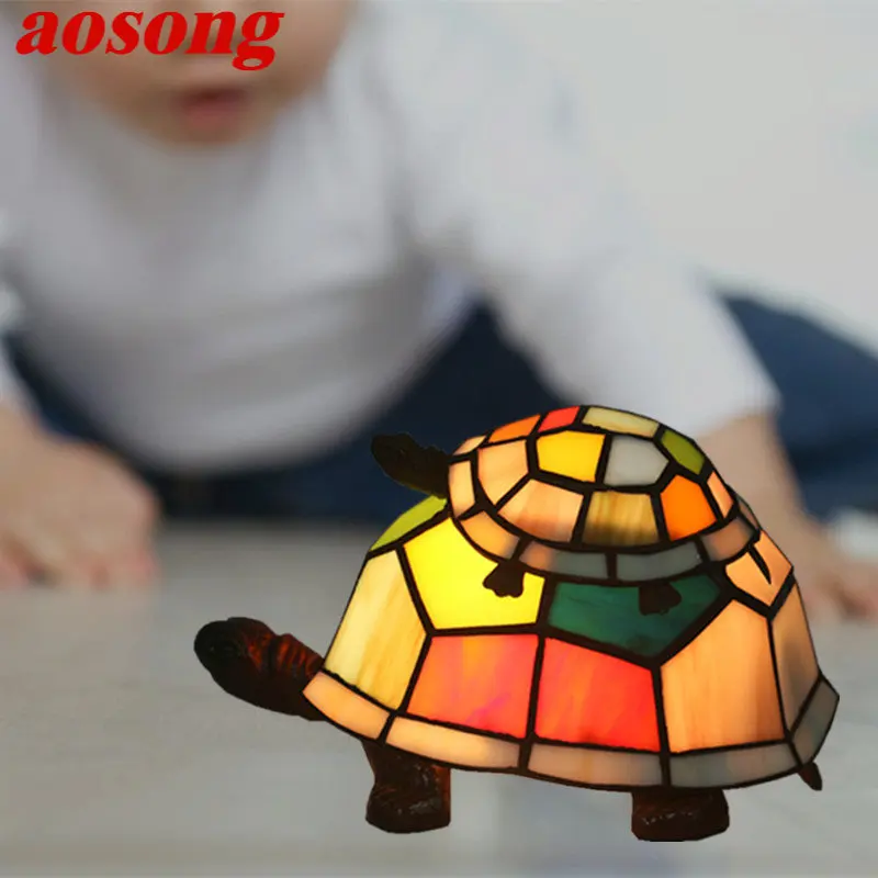 Настольная лампа AOSONG Modern Tiffany из светодиодного стекла, креативный декор в виде черепахи, настольная лампа для дома, прикроватная тумбочка в детской спальне Изображение 0