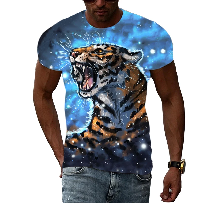 Новая летняя мужская футболка с 3D-принтом животного Тигра, модные топы в стиле уличный хип-хоп с коротким рукавом, индивидуальность, модная одежда с круглым вырезом Изображение 0