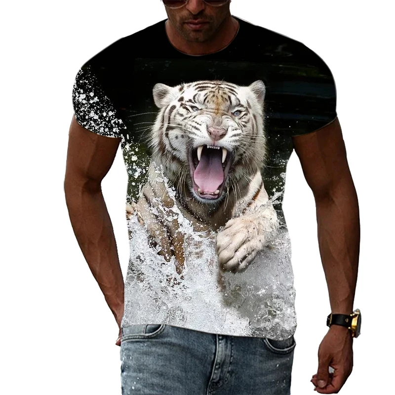 Новая летняя мужская футболка с 3D-принтом животного Тигра, модные топы в стиле уличный хип-хоп с коротким рукавом, индивидуальность, модная одежда с круглым вырезом Изображение 1