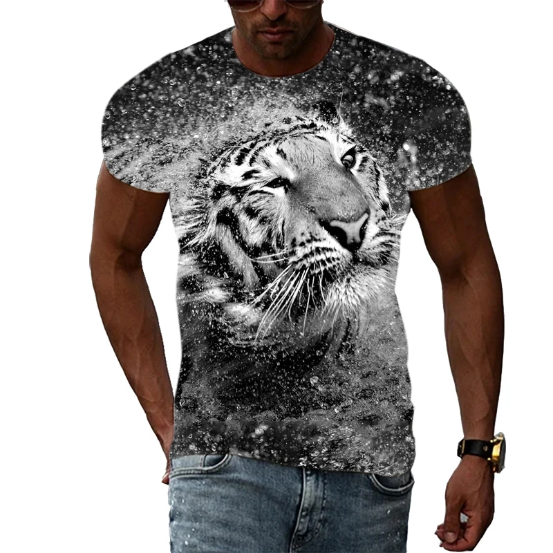 Новая летняя мужская футболка с 3D-принтом животного Тигра, модные топы в стиле уличный хип-хоп с коротким рукавом, индивидуальность, модная одежда с круглым вырезом Изображение 2