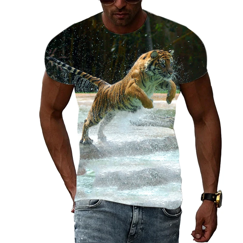 Новая летняя мужская футболка с 3D-принтом животного Тигра, модные топы в стиле уличный хип-хоп с коротким рукавом, индивидуальность, модная одежда с круглым вырезом Изображение 4