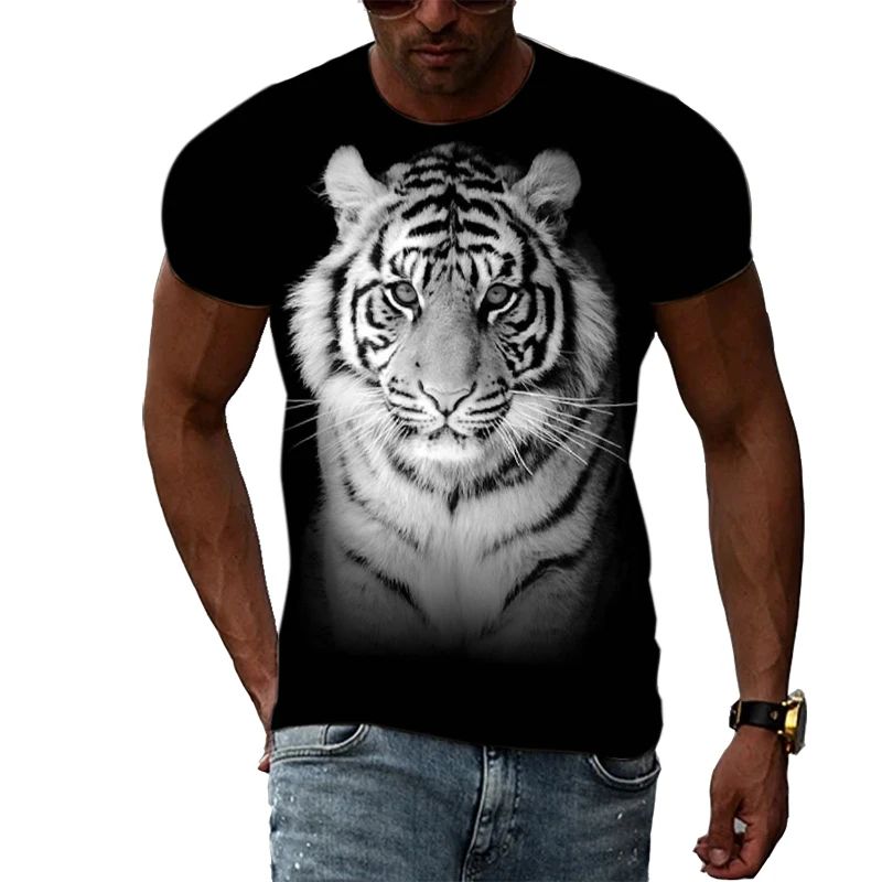 Новая летняя мужская футболка с 3D-принтом животного Тигра, модные топы в стиле уличный хип-хоп с коротким рукавом, индивидуальность, модная одежда с круглым вырезом Изображение 5