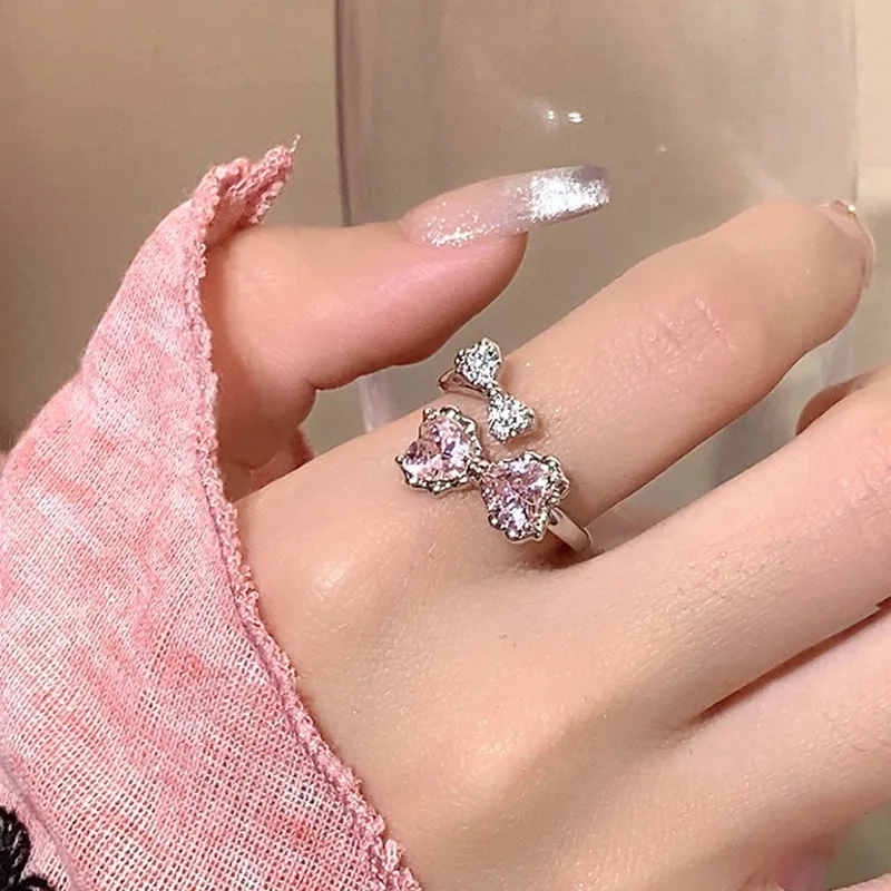 Новое блестящее розовое кольцо с бантом из циркона для женщин, индивидуальность, Модное милое кольцо в сладком стиле, повседневный подарок на день рождения, вечерние украшения Изображение 2