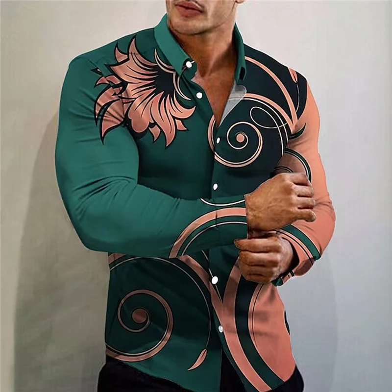 Новое поступление, Модные рубашки для мужчин, повседневный цветочный принт, негабаритный топ на пуговицах с длинным рукавом, мужская одежда, гавайские кофточки и блузки Изображение 0