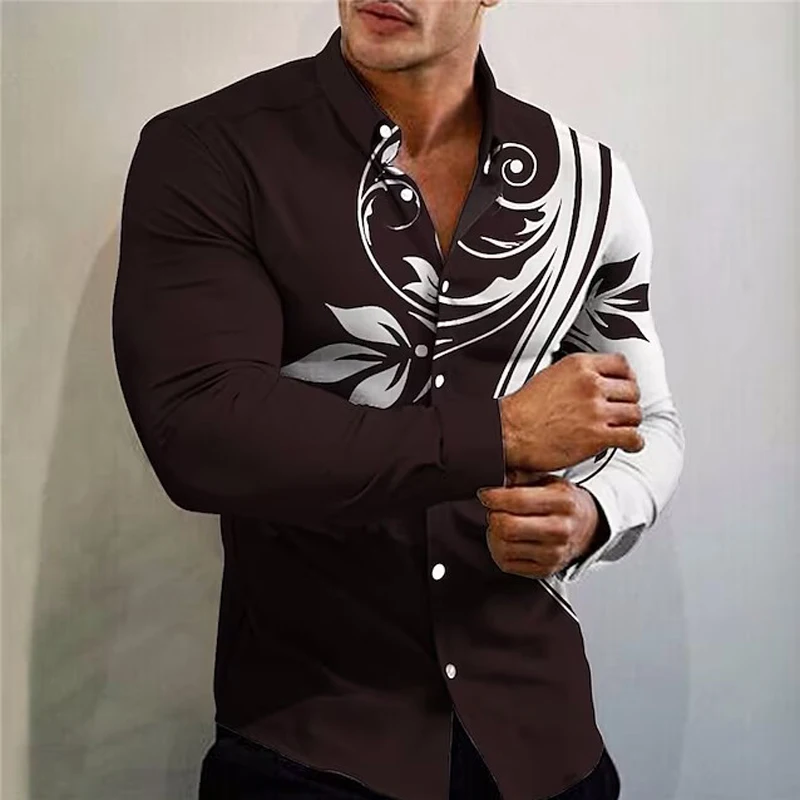 Новое поступление, Модные рубашки для мужчин, повседневный цветочный принт, негабаритный топ на пуговицах с длинным рукавом, мужская одежда, гавайские кофточки и блузки Изображение 5