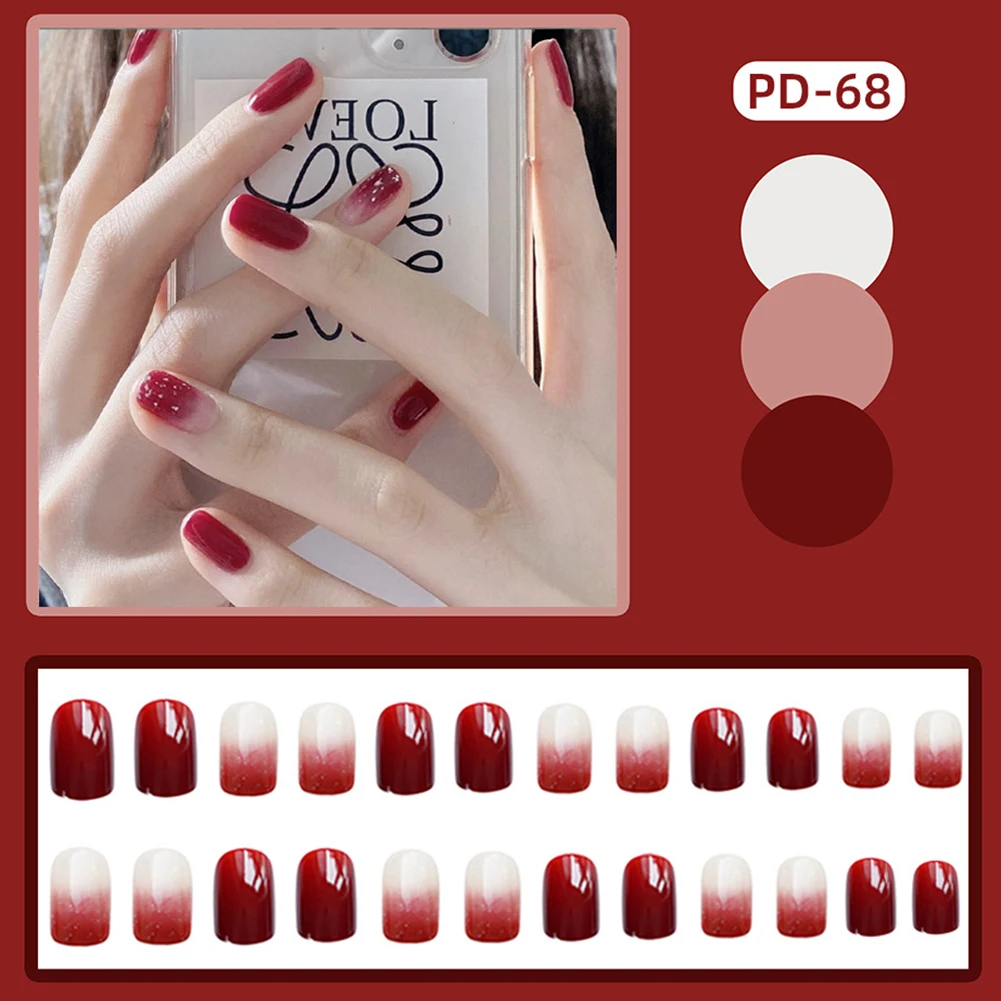 Новые 24ШТ Короткие блестящие градиентные красные ногти с полным покрытием во французском стиле, искусственные ногти с желеобразным гелем/клеем Изображение 0
