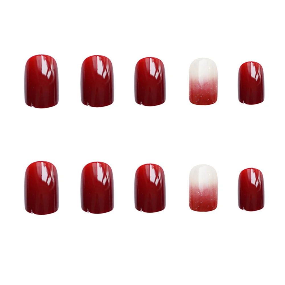 Новые 24ШТ Короткие блестящие градиентные красные ногти с полным покрытием во французском стиле, искусственные ногти с желеобразным гелем/клеем Изображение 2