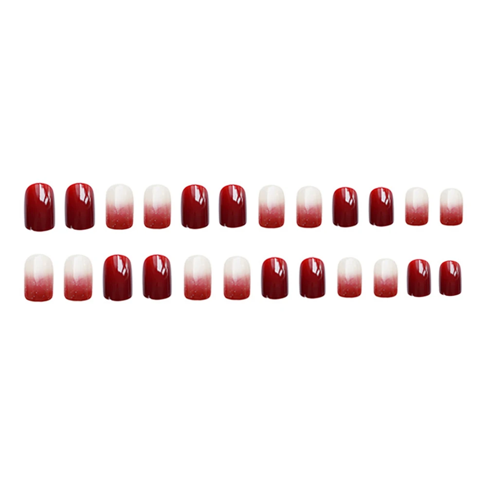 Новые 24ШТ Короткие блестящие градиентные красные ногти с полным покрытием во французском стиле, искусственные ногти с желеобразным гелем/клеем Изображение 3
