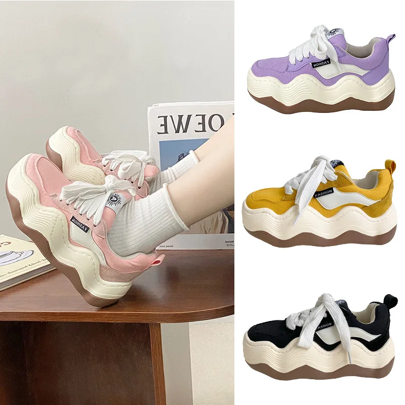 Новые весенне-осенние кроссовки на платформе с круглым носком на толстой подошве, женские разноцветные волнообразные туфли для женщин, повседневная обувь A19 Изображение 2