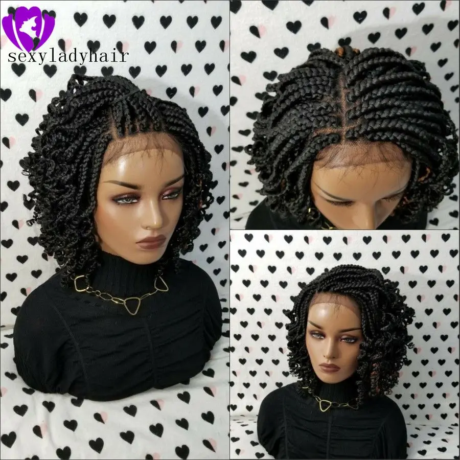 НОВЫЕ короткие плетеные парики для чернокожих женщин Синтетические кружевные косички спереди Парик с вьющимися кончиками Детские волосы Изображение 0