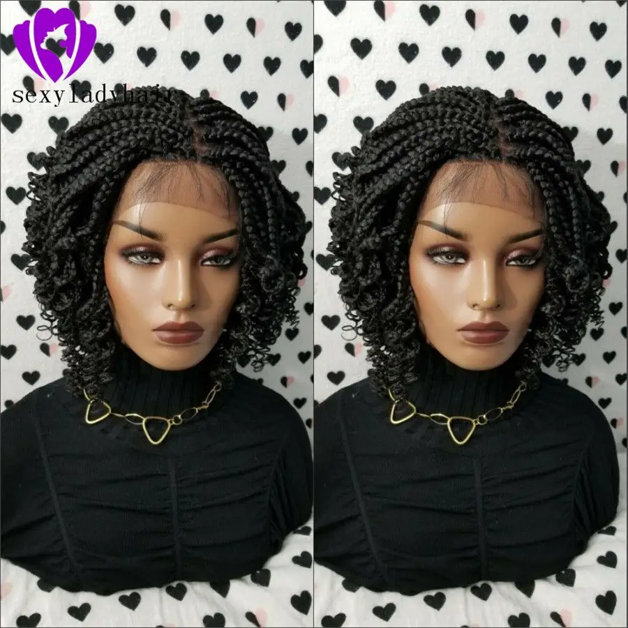 НОВЫЕ короткие плетеные парики для чернокожих женщин Синтетические кружевные косички спереди Парик с вьющимися кончиками Детские волосы Изображение 1