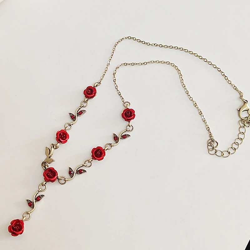 Новые модные ожерелья из сладких красных роз, женское темпераментное элегантное ожерелье с чувством юмора, подарок для романтической вечеринки, ювелирные изделия Изображение 1