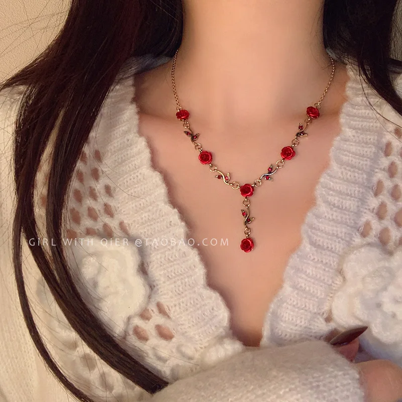 Новые модные ожерелья из сладких красных роз, женское темпераментное элегантное ожерелье с чувством юмора, подарок для романтической вечеринки, ювелирные изделия Изображение 5