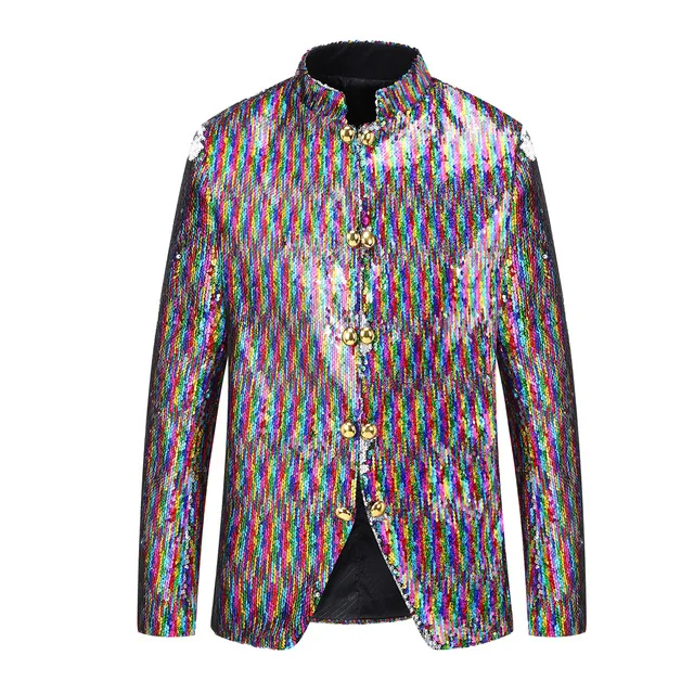 Новый мужской двубортный цветной блейзер с воротником-стойкой, двухсторонние блестки, меняющие цвет, Одежда для DJ Singer 2018, пиджак Изображение 0