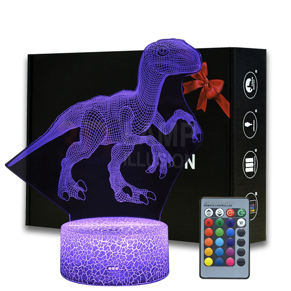 Ночник с динозавром, настольная лампа с динозавром Raptor, детское прикроватное освещение для домашнего декора комнаты, товары для дропшиппинга Изображение 0