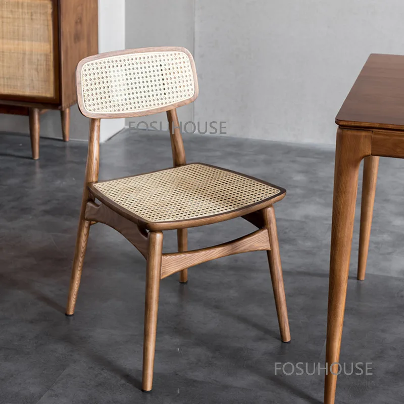 Обеденные стулья из массива дерева в скандинавском стиле, кухонная мебель, домашний обеденный стул, Минималистичный старинный стул со спинкой из ротанга для ресторана TG Изображение 1