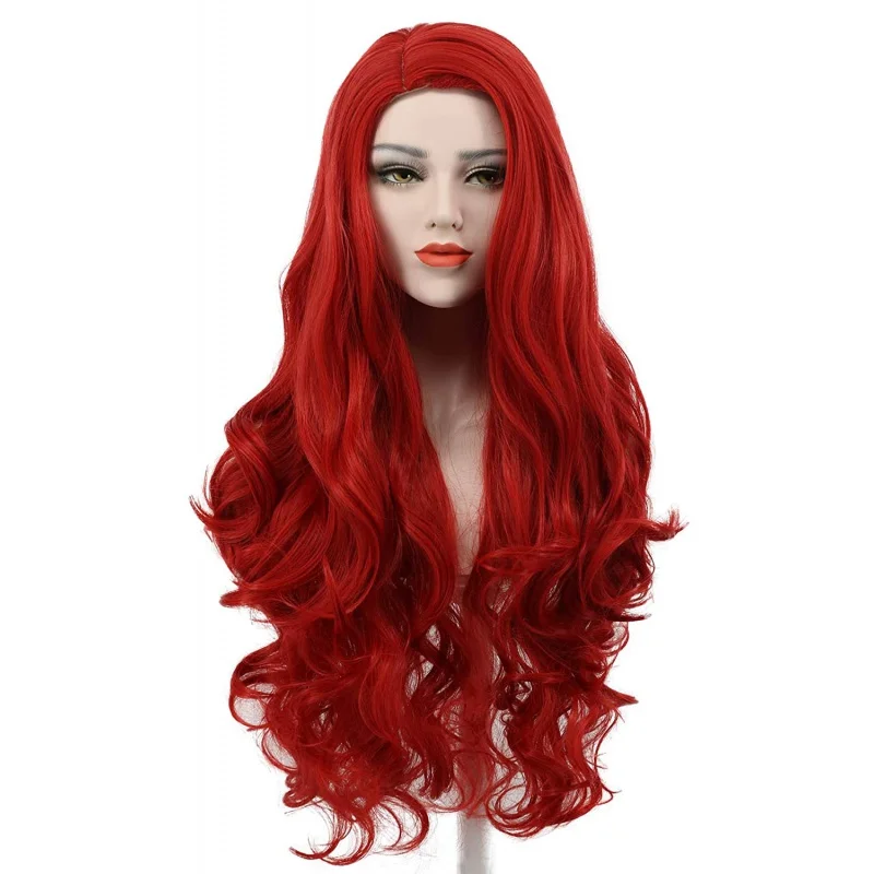 Парики для косплея Аквамена Мера из фильма длиной 85 см, красные Волнистые Парики из термостойких синтетических волос, Шапочка для парика Изображение 0