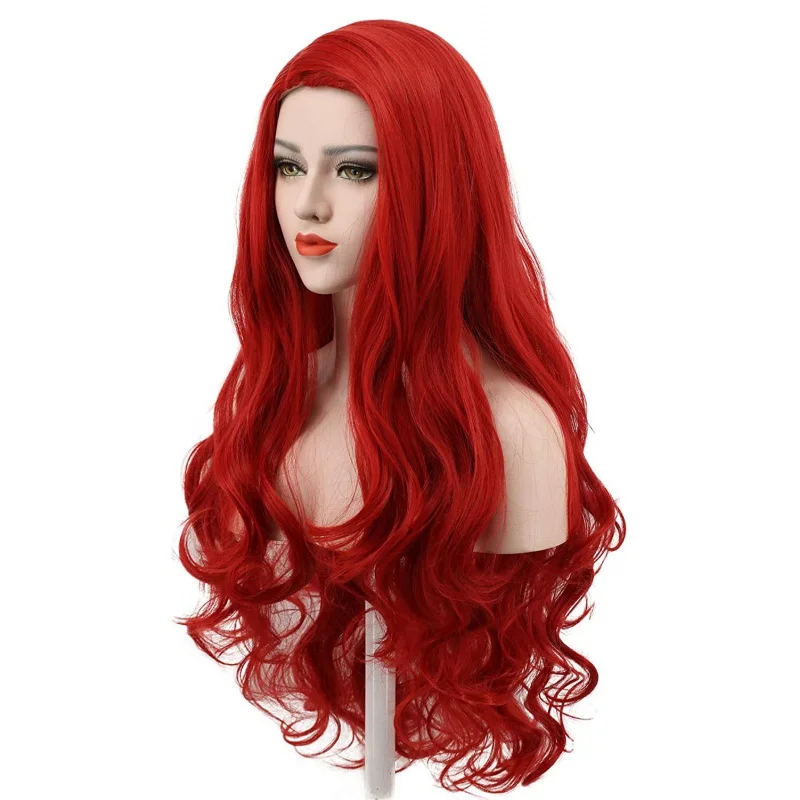 Парики для косплея Аквамена Мера из фильма длиной 85 см, красные Волнистые Парики из термостойких синтетических волос, Шапочка для парика Изображение 1