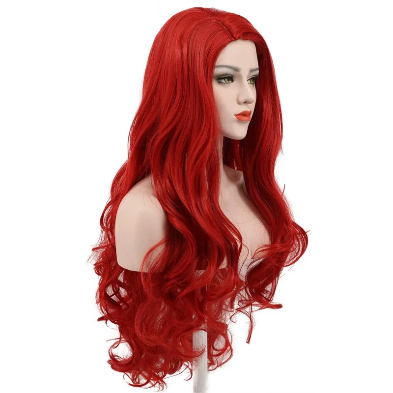 Парики для косплея Аквамена Мера из фильма длиной 85 см, красные Волнистые Парики из термостойких синтетических волос, Шапочка для парика Изображение 2