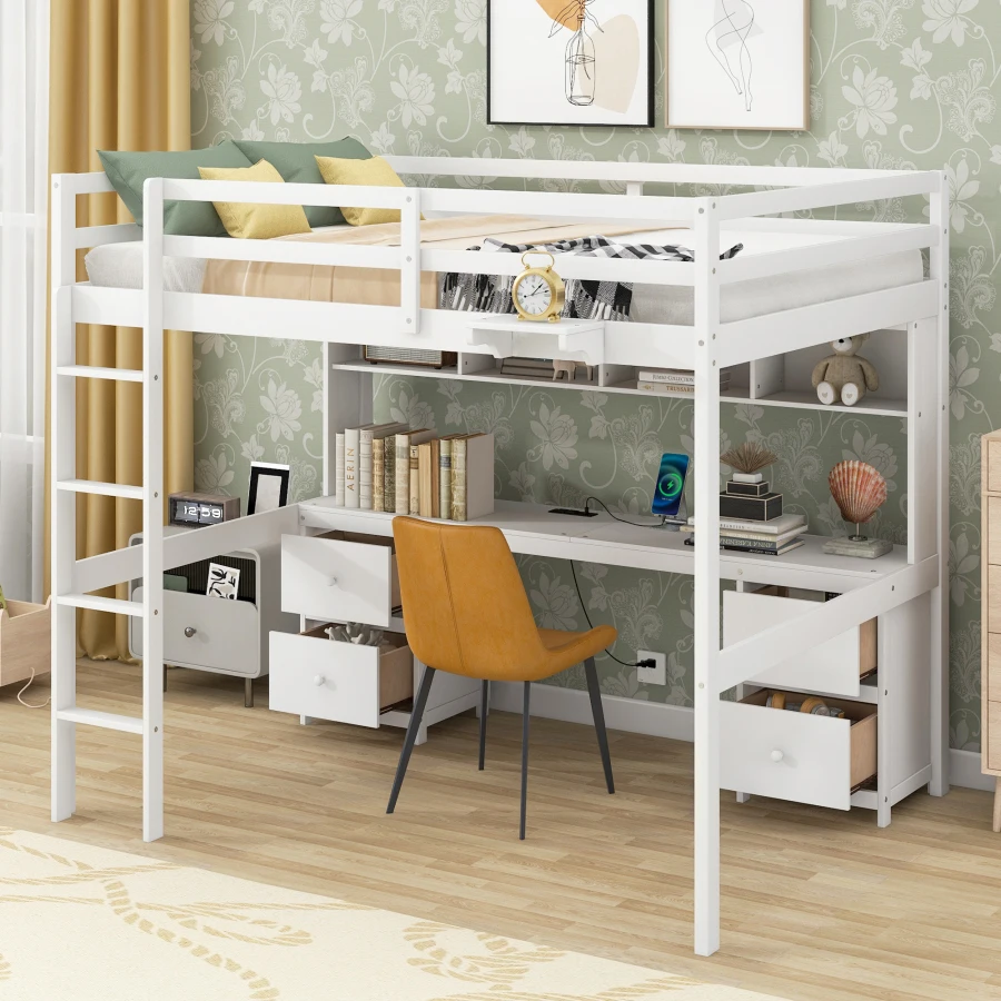 Полноразмерная кровать-чердак с письменным столом, шкафчиками, выдвижными ящиками и прикроватной тумбочкой, зарядная станция, белый Изображение 0