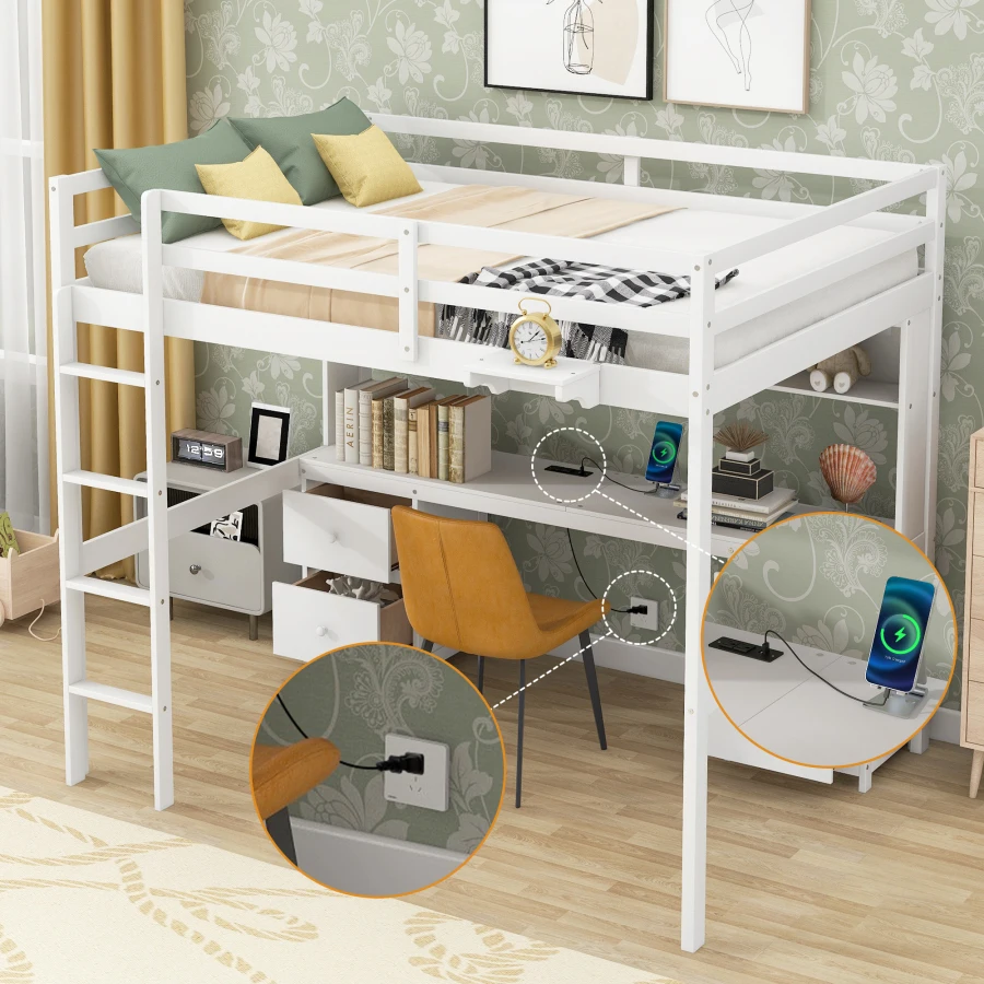 Полноразмерная кровать-чердак с письменным столом, шкафчиками, выдвижными ящиками и прикроватной тумбочкой, зарядная станция, белый Изображение 1