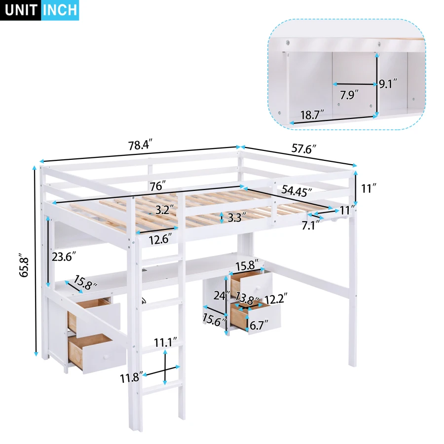 Полноразмерная кровать-чердак с письменным столом, шкафчиками, выдвижными ящиками и прикроватной тумбочкой, зарядная станция, белый Изображение 5