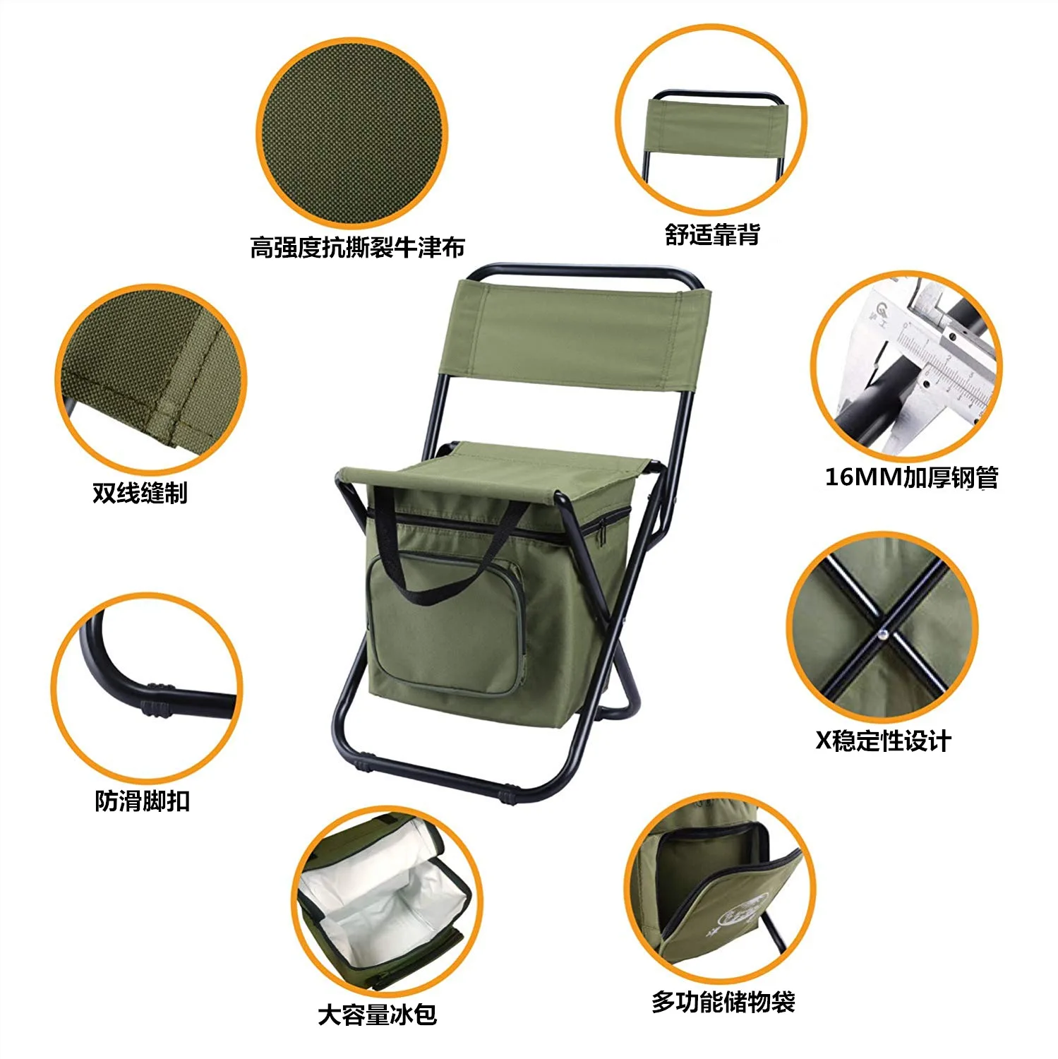 Портативный складной стул для льда на открытом воздухе с сумкой для хранения и функцией изоляции спинки, 3-в-1, стул для отдыха, кемпинга, рыбалки Изображение 2