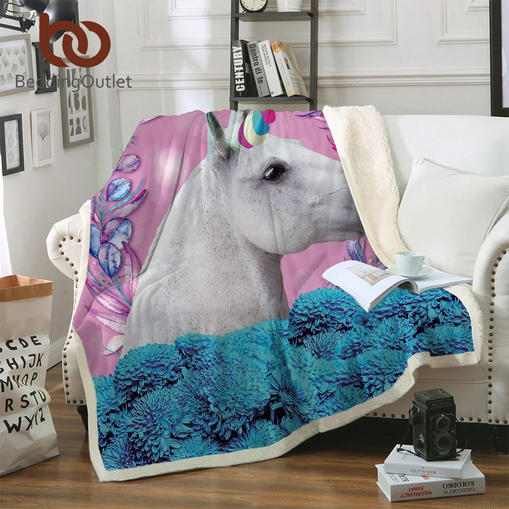 Постельное белье, покрывало с Единорогом, детская лошадь, Шерпа, Клетчатое Покрывало, Цветочный домашний текстиль, Розовое и голубое баттание, 150x200 см Изображение 0
