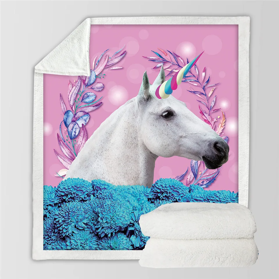 Постельное белье, покрывало с Единорогом, детская лошадь, Шерпа, Клетчатое Покрывало, Цветочный домашний текстиль, Розовое и голубое баттание, 150x200 см Изображение 1