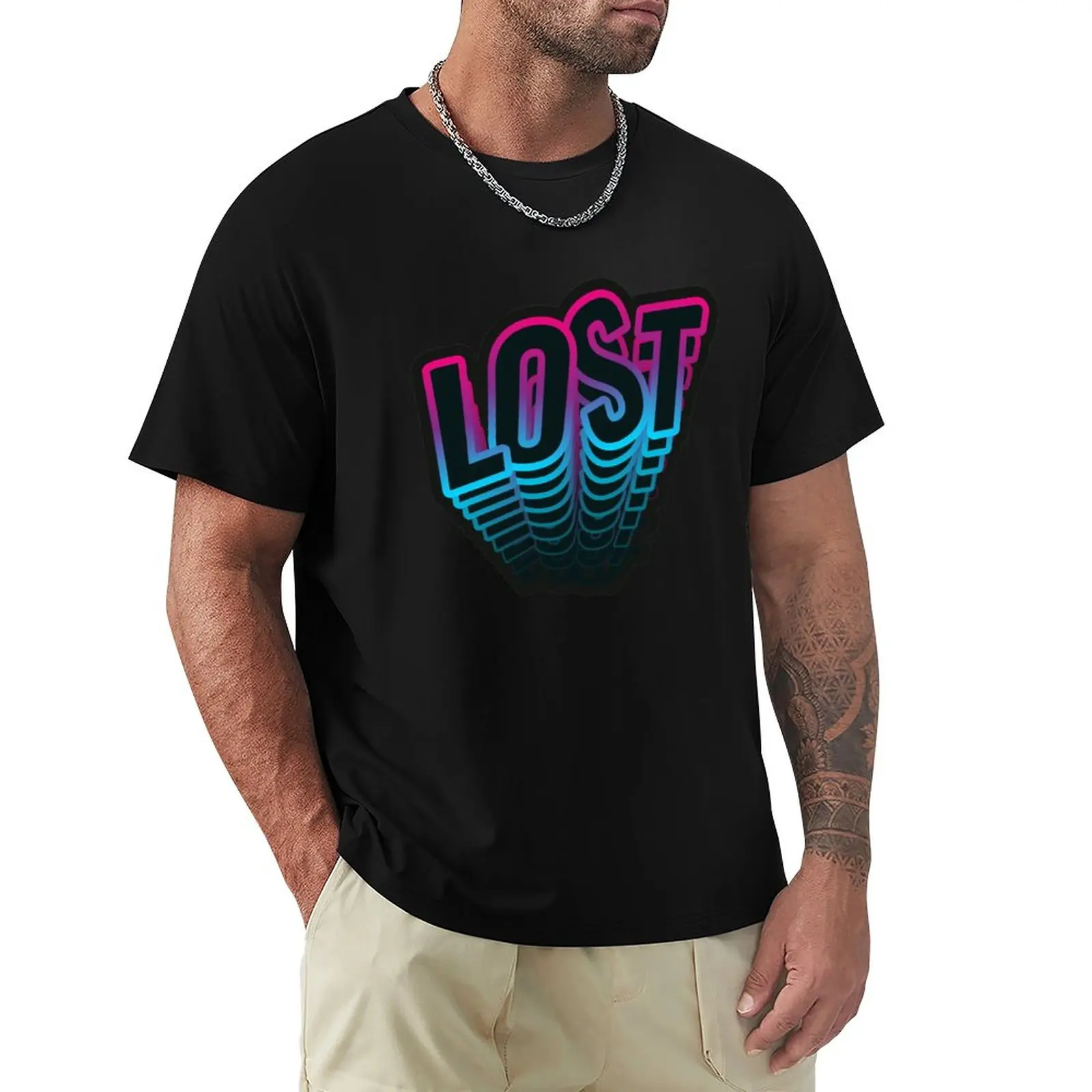 Потерянный 3D неоновый шрифт, 3d эффект выцветания, Футболка с коротким рукавом, футболки большого размера, мужские футболки, упаковка Изображение 0