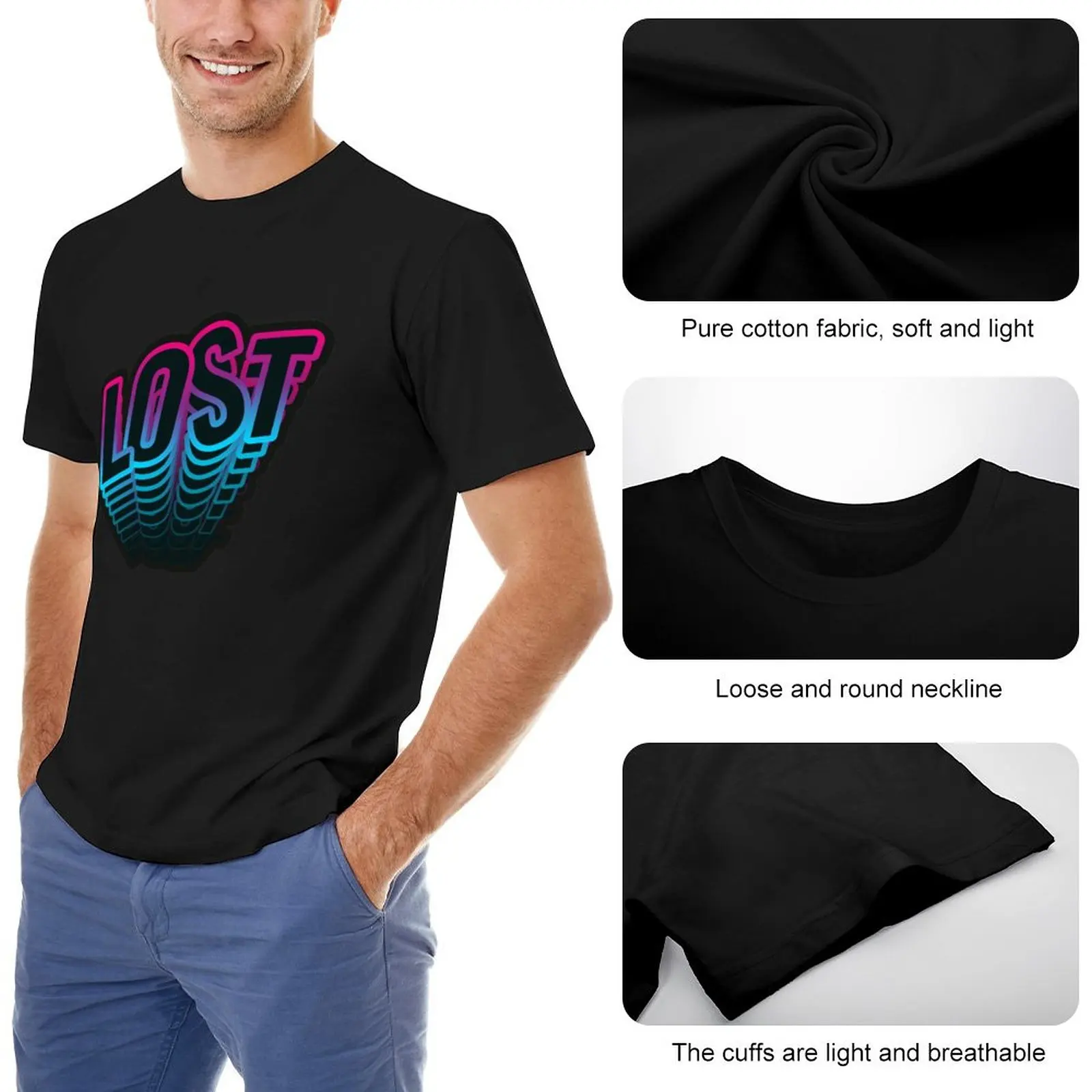 Потерянный 3D неоновый шрифт, 3d эффект выцветания, Футболка с коротким рукавом, футболки большого размера, мужские футболки, упаковка Изображение 1