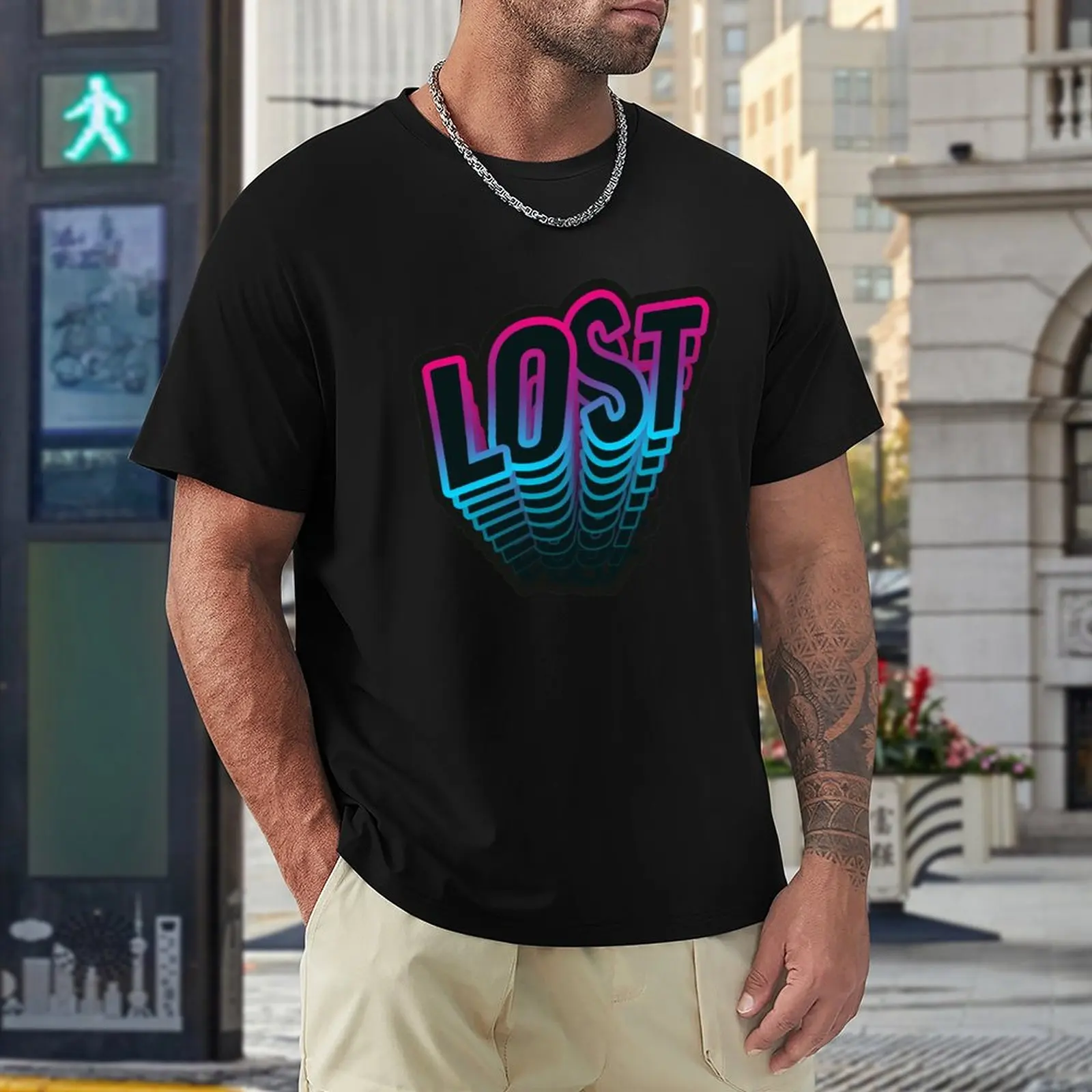 Потерянный 3D неоновый шрифт, 3d эффект выцветания, Футболка с коротким рукавом, футболки большого размера, мужские футболки, упаковка Изображение 4