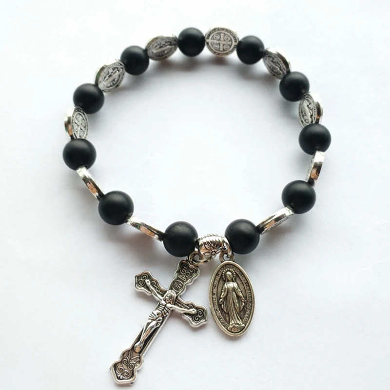 Ретро-браслет Девы Марии Бенедикт с крестом из вулканического камня, эластичный браслет из бисера, прямая поставка Изображение 3