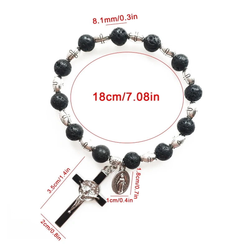 Ретро-браслет Девы Марии Бенедикт с крестом из вулканического камня, эластичный браслет из бисера, прямая поставка Изображение 5