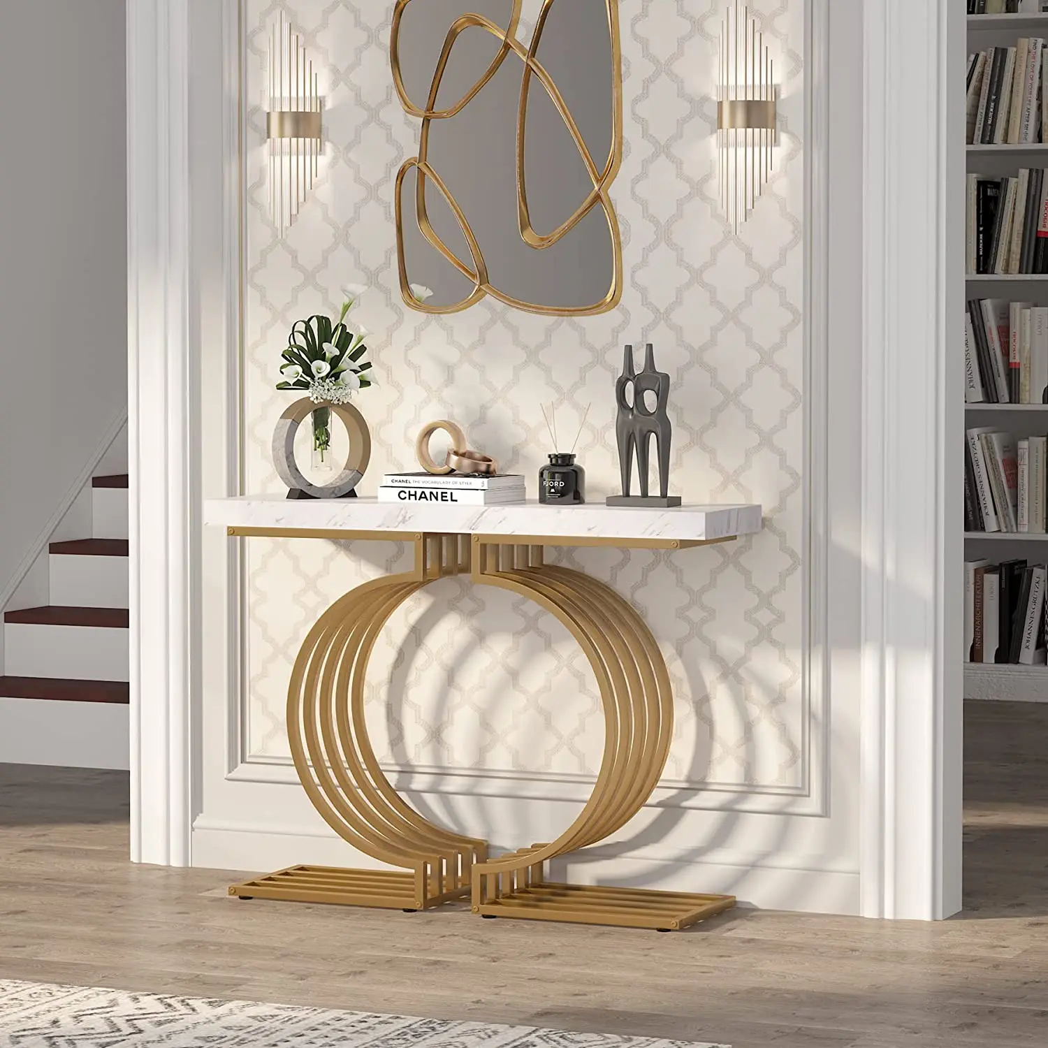 Современный консольный столик с золотым основанием, 40-дюймовый геометрический диванный столик для прихожей, Узкий длинный современный акцентный столик для гостиной Изображение 1