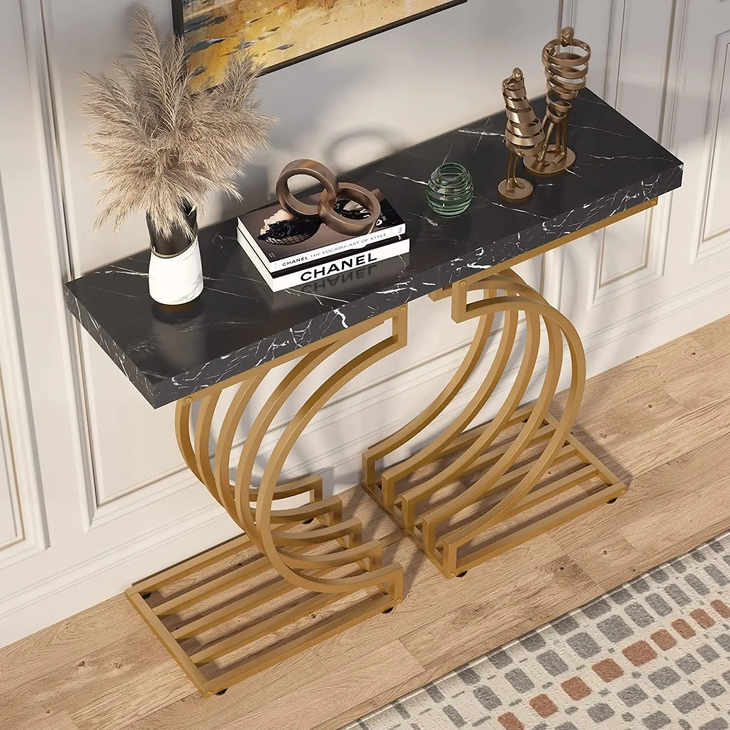 Современный консольный столик с золотым основанием, 40-дюймовый геометрический диванный столик для прихожей, Узкий длинный современный акцентный столик для гостиной Изображение 2