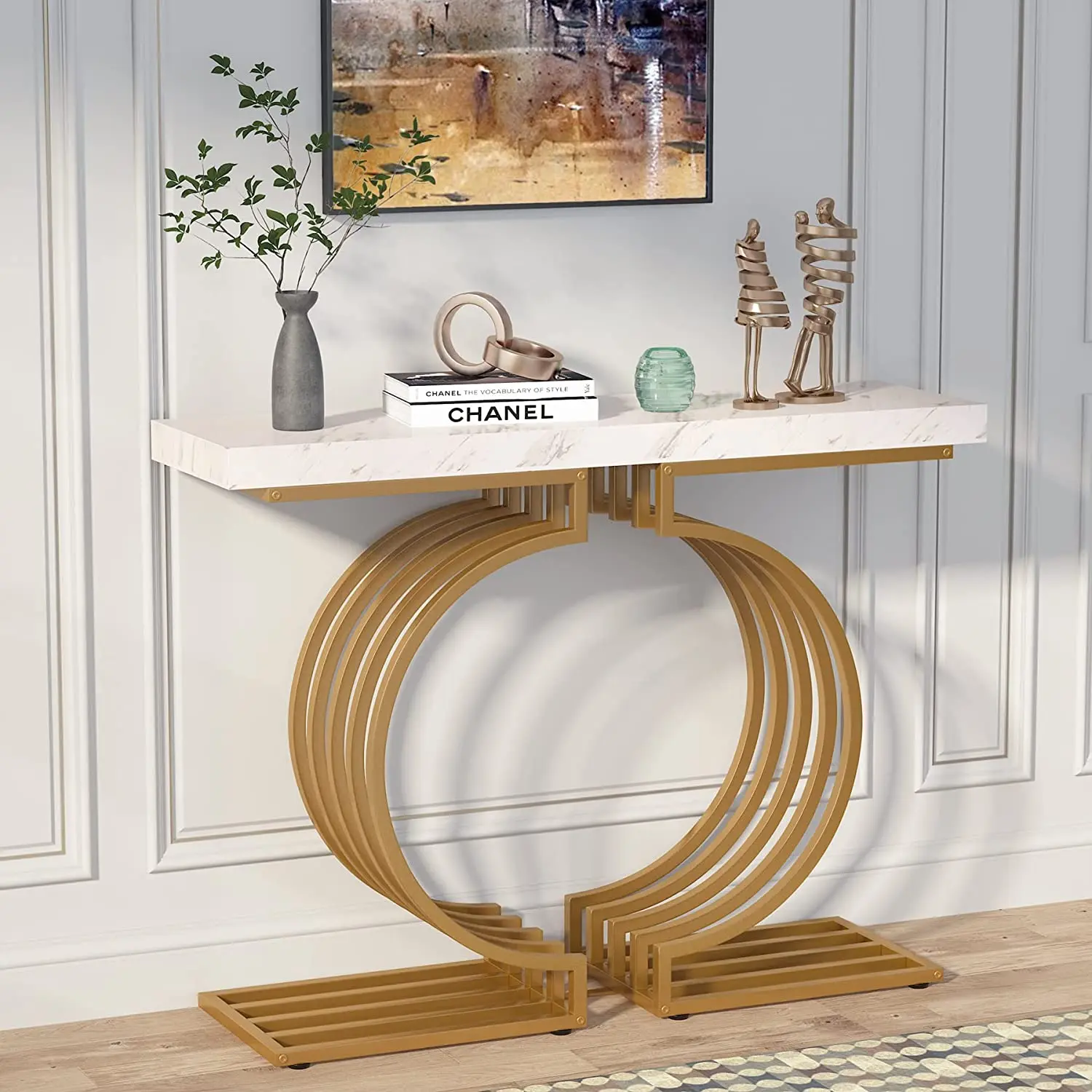Современный консольный столик с золотым основанием, 40-дюймовый геометрический диванный столик для прихожей, Узкий длинный современный акцентный столик для гостиной Изображение 3