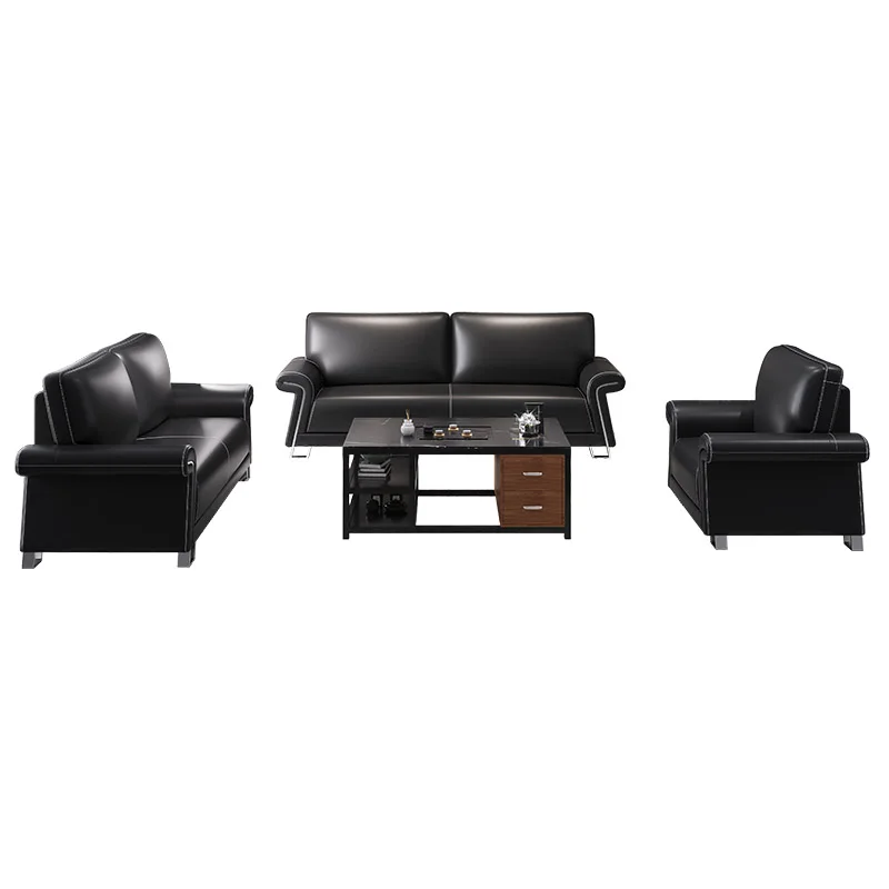 Сочетание офисного дивана и чайного столика простая приемная на троих кожаный диван для переговоров на приеме в офисе Изображение 3