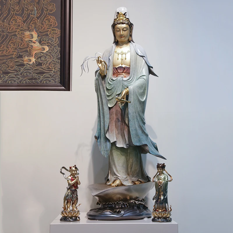 Статуя Бодхисаттвы Гуаньинь Украшение Гуаньинь Южно-Китайского моря Один Лист Гуаньинь Цвета чистой меди, Инкрустированный золотом Изображение 0