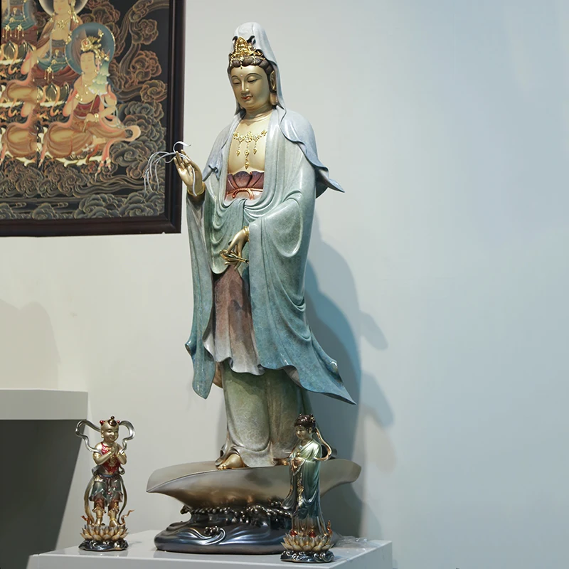 Статуя Бодхисаттвы Гуаньинь Украшение Гуаньинь Южно-Китайского моря Один Лист Гуаньинь Цвета чистой меди, Инкрустированный золотом Изображение 1