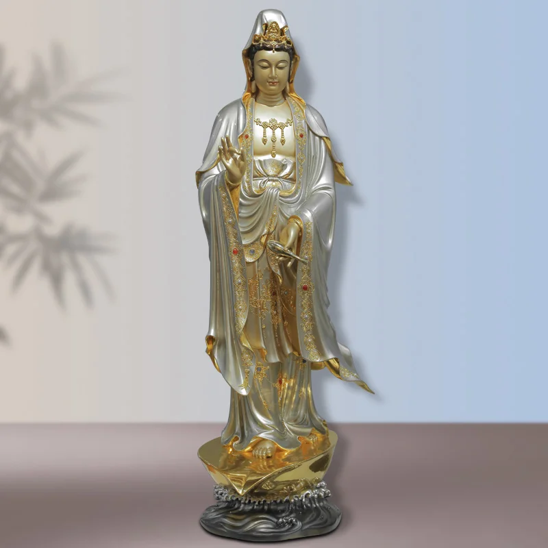 Статуя Бодхисаттвы Гуаньинь Украшение Гуаньинь Южно-Китайского моря Один Лист Гуаньинь Цвета чистой меди, Инкрустированный золотом Изображение 3